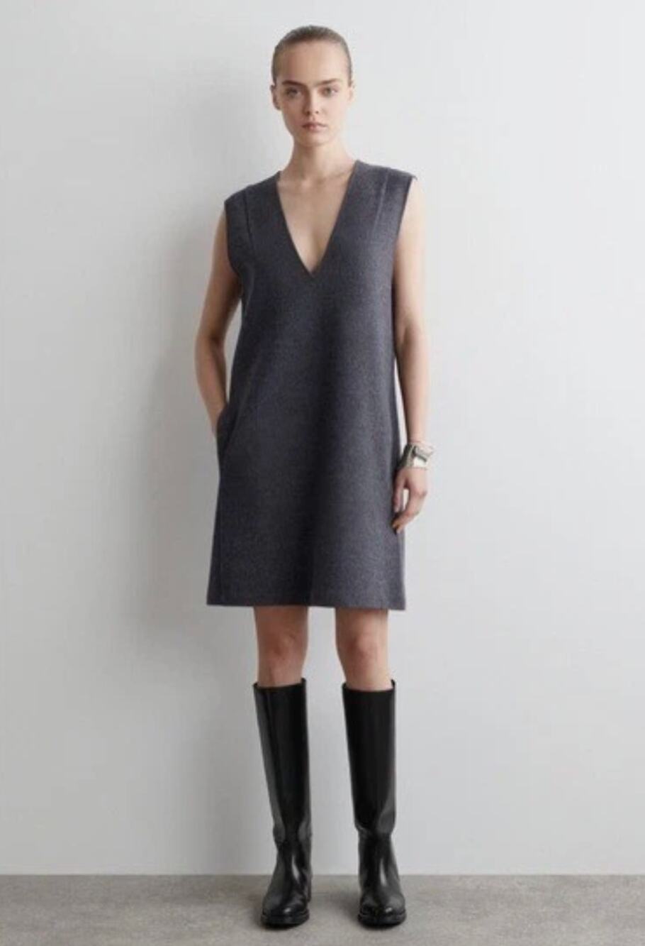 Cos BOILED WOOL V-NECK MINI DRESS Size Medium Gray